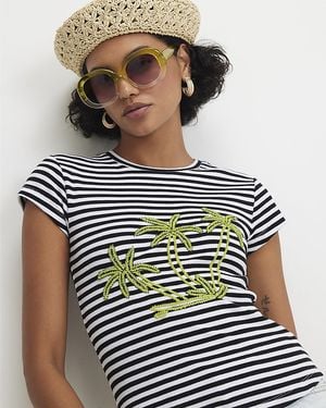 River Island T-Shirt Cotton Blend Striped Beaded Palm - Blue
