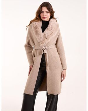 Blue Vanilla Faux Fur Collar Two Pocket Cardigan - Natural