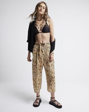 River Island Leopard Print Crop Wide Leg Trousers - Natural