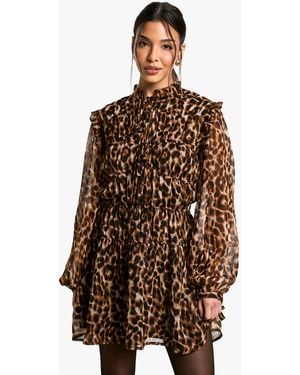 Boohoo Leopard Tie Chiffon Smock Dress - Brown