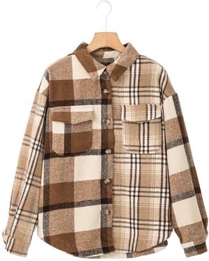 Azura Exchange Lichte Franse Beige Flanel Ruit Dubbele Flapzak Shacket - Bruin