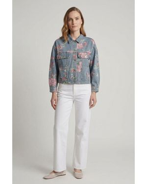 Izabel London Floral Print Boxy Denim Jacket - Grey