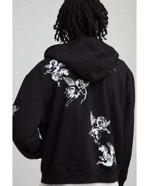 BoohooMAN Oversized Boxy Zip Through Cherub Printed Hoodie - Black
