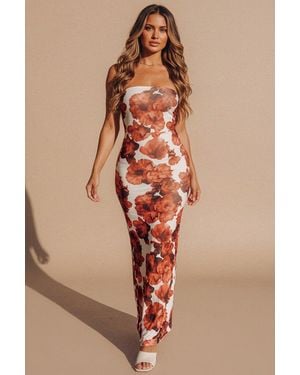 Femme Luxe Floral Print Strapless Bodycon Maxi Dress - Brown
