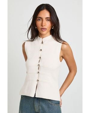 Boohoo Button Detail Military Knitted Top - White
