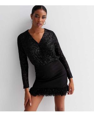 Gini London Pailletten Omhulsel Bodysuit Met Lange Mouwen - Zwart