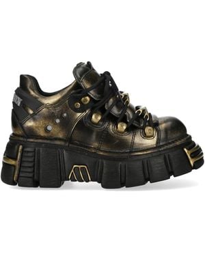 New Rock Golden Leather Gothic Platform Ankle Boots - Black