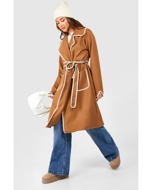 Boohoo Contrast Blanket Stitch Detail Belted Wool Look Coat - Blue