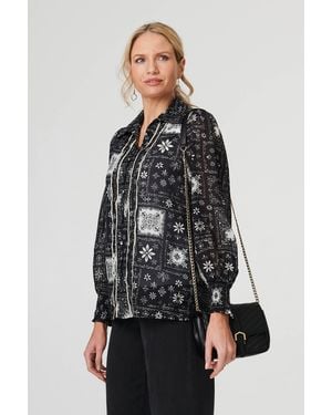 Izabel London Mosaic Print Button-Up Semi Sheer Shirt - Grey