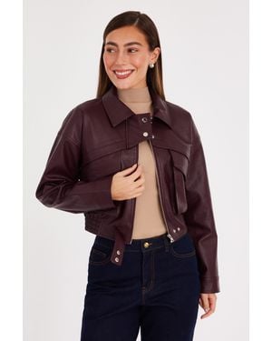 Quiz Faux Leather Cropped Bomber Jacket - Blue