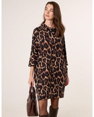 Blue Vanilla Leopard Print Draped Cowl Neck Tunic Dress - Multicolour
