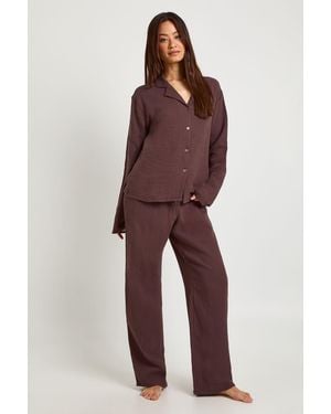 Boohoo Tall Muslin Long Sleeve Shirt & Trouser Pyjama Set - Red