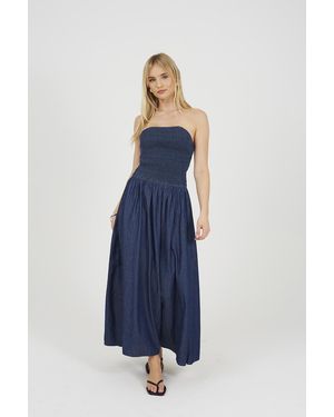 Brave Soul Chambray Sleeveless Ruched Bodice Midi Dress - Blue