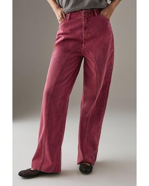 Warehouse Washed Raw Waist Seam Detail Denim Dad Jean - Red