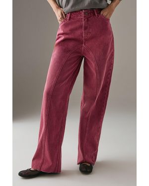 Warehouse Washed Raw Waist Seam Detail Denim Dad Jean - Red