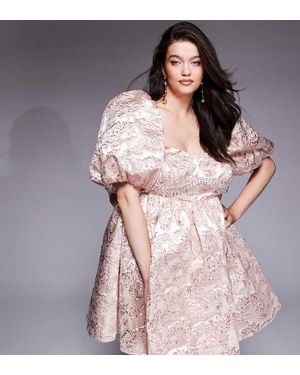 ASOS Curve Jacquard Puff Sleeve Mini Dress With Embellished Bust Detail - Pink