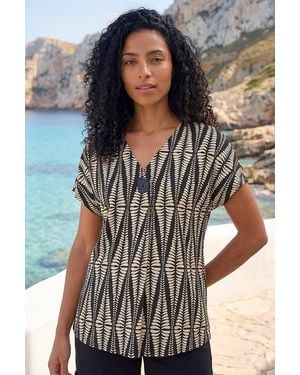 Roman Abstract Print Front Pleat Stretch Top - Natural