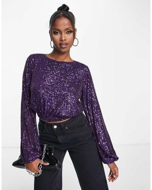 ASOS Sequin Blouse With Balloon Sleeve - Blue