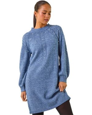 Roman Petite Embellished Faux Pearl Knit Dress - Blue