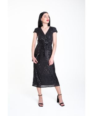 Gini London Sequin Belted Midi Wrap Dress - Black