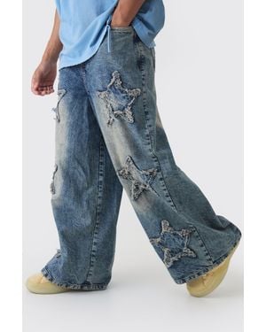 BoohooMAN Wide Leg Rigid Star Distressed Applique Jeans - Blue