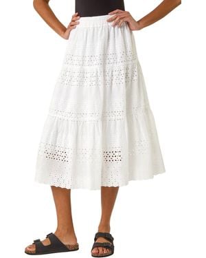 Roman Broderie Cotton A-Line Midi Skirt - White