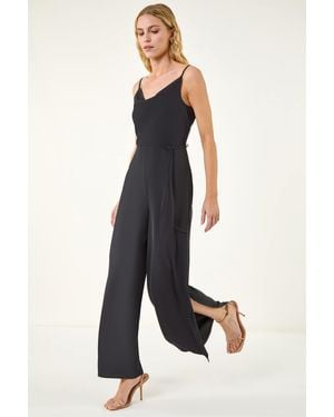 Roman Front Tie Strap Belted Jumpsuit - Blue