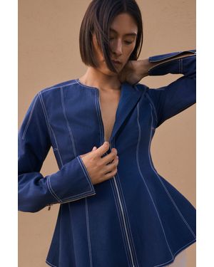 Karen Millen Tencel Cotton Contrast Stitch Zip Front Woven Jacket - Blue