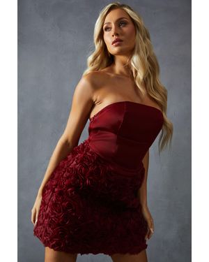 MissPap Satin Corseted Bandeau Floral Applique Skirt Mini Dress - Red