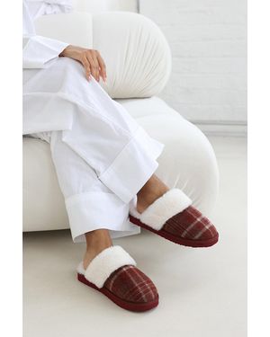Where's That From Wheres 'Jemima' Tartan Mule Slippers With Faux Fur Trim - Grey