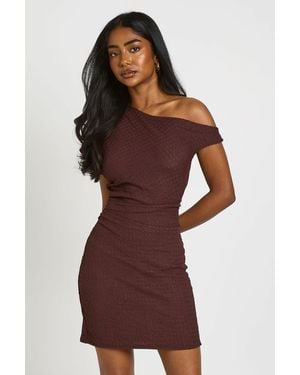 Boohoo Textured Ruched Waist Asymmetric Neck Mini Dress
