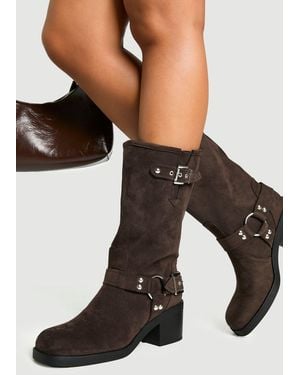 Boohoo Faux Suede D Ring Heeled Biker Boots - Black