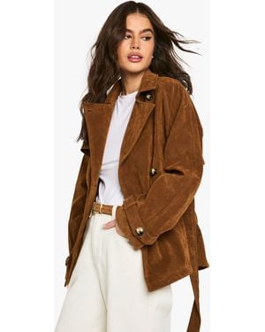 Boohoo Suede Look Short Belted Trench Coat - Brown