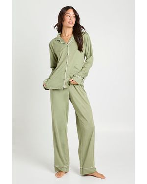 Boohoo Tall Jersey Piping Detail Long Sleeve Shirt & Trouser Pyjama Set - Green