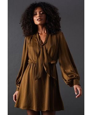 Warehouse Satin Tie Neck Flippy Mini Dress - Brown