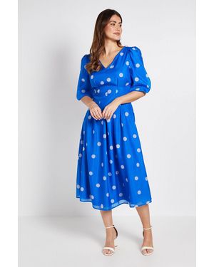 Wallis Polka Dot Lace Trim Puff Sleeve Midi Dress - Blue