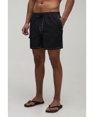 BoohooMAN Constrast Stitch Cargo Pocket Mid Length Swim Short - Black