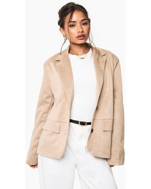 Boohoo Faux Suede Single Breast Blazer - Natural