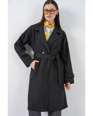 Bigdart Belted Long Trench Coat With Jacket Collar - Black