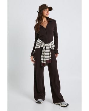 Boohoo Brushed Rib Wide Leg Trouser - Brown