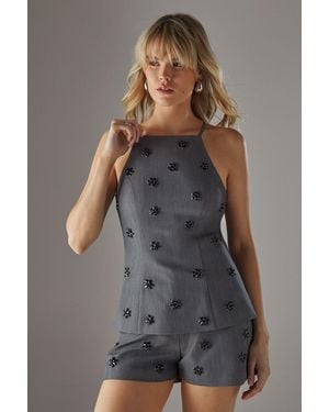Warehouse Embellished Square Neck Top - Grey