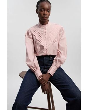 Karen Millen Cotton Pleated High Neck Balloon Sleeve Woven Blouse - Pink
