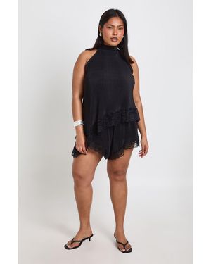 Boohoo Plus Lace Trim Plisse Asymmetric Top - Black