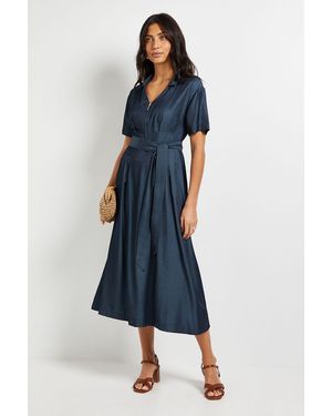 Wallis Denim Look Zip Belted Midi Dress - Blue