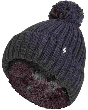 Heat Holders Ladies Ribbed Cuffed Thermal Insulated Winter Pom Pom Bobble Hat - Black
