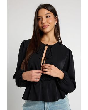 Boohoo Tie Front Peplum Hem Top - Black