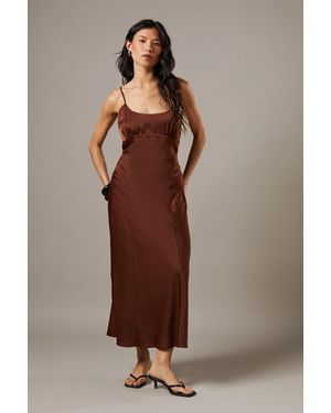 Warehouse Satin Tie Bust Seam Strappy Midi Slip Dress - Brown