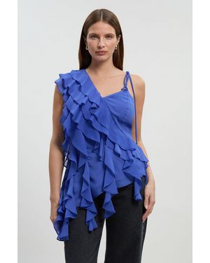 Karen Millen Ruffle Detail Chiffon Asymmetric Blouse - Blue