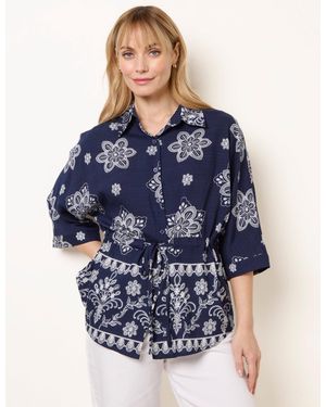 Blue Vanilla Floral 3/4 Sleeve Tie Waist Shirt - Blue