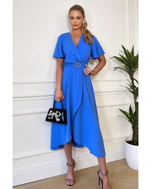 AX Paris Short Sleeve Belted Wrap Midi Dress - Blue